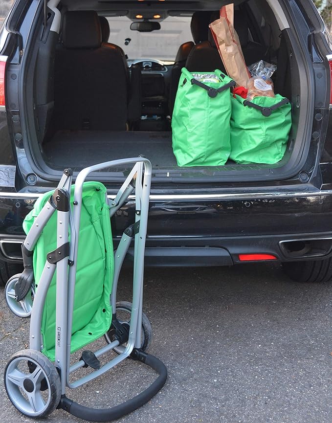 GreenCart Lightweight Cart with Reusable and Foldable 3 Bags Easy for Shopping and Carrying Groceries in Store (Black Frame + 3 Green Baskets)