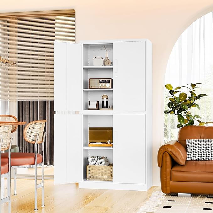 71” Metal Storage Lockable Heavy Duty File Cabinet Garage Tool Cabinets with Doors and Shelves-Tall White Steel Cabinet for Garage for Office, Gym, School
