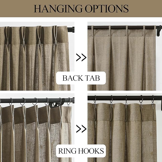 Vision Home Brown Pinch Pleated Semi Sheer Curtains Textured Linen Blended Light Filtering Window Curtains 63 inch for Living Room Bedroom Pinch Pleat Drapes with Hooks 2 Panels 40" Wx63 L