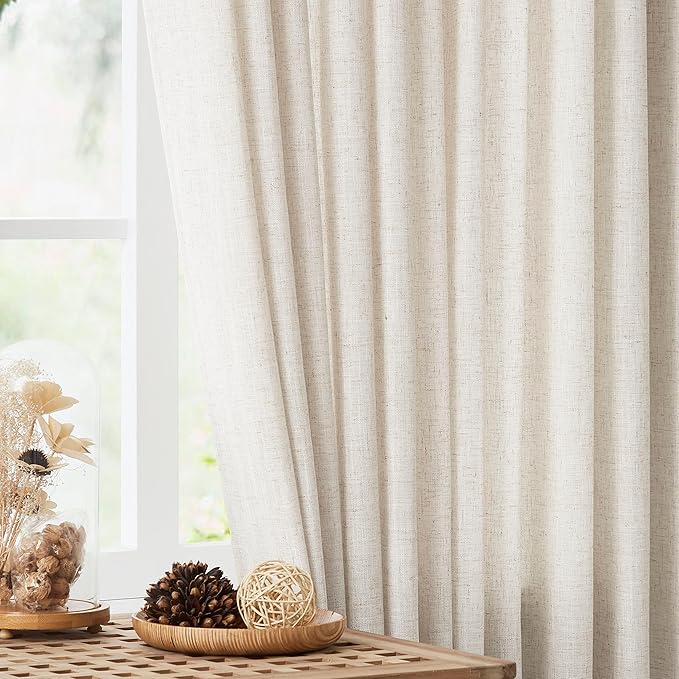 Vision Home Natural Pinch Pleated Semi Sheer Curtains Textured Linen Blended Light Filtering Window Curtains 90 inch for Living Room Bedroom Patio Pinch Pleat Drapes with Hooks 1 Panel 60" Wx90 L
