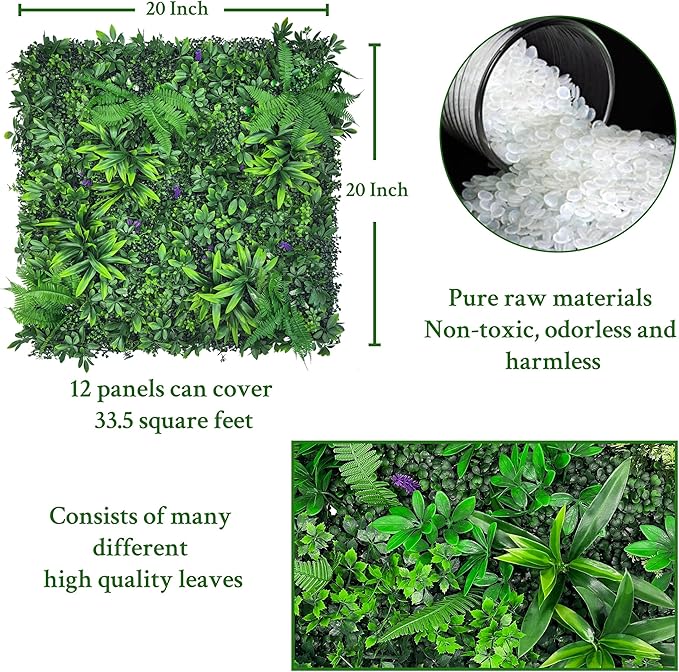 Artificial Greenery Wall Panels: 20''x 20'' 12P UV-Anti Faux Greennery Grass Wall Privacy Backdrop Fence Screen for Garden Fence Covering Privacy, Outdoor Indoor Home Decor