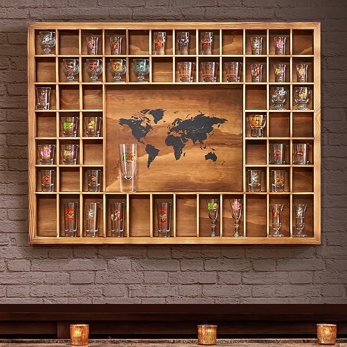 Large World Map Shot Glass Display Case 60 Slots 34 X 26''Rustic Brown Wood Holder for 2 Different Size Shot Glass In Living Rooms Bars Wine Cellars Used for Jewelry Stones & Shell