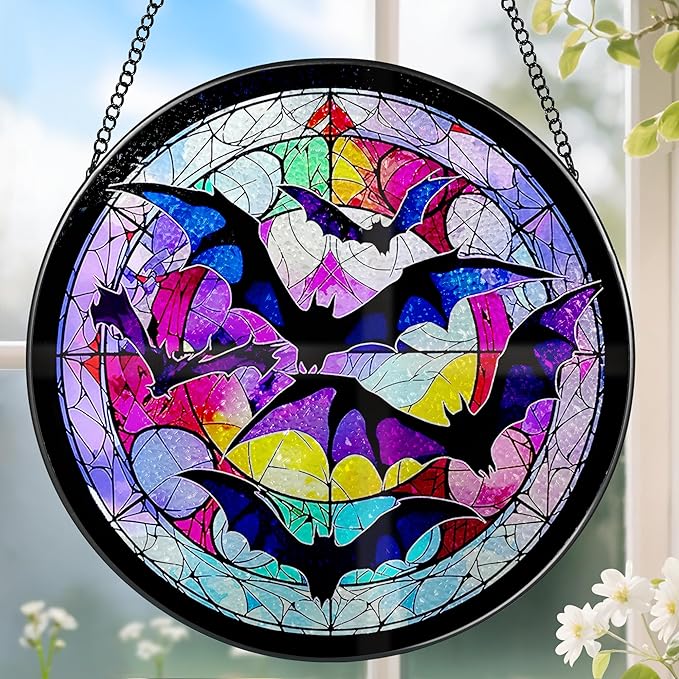 8 Inch Stained Glass Suncatcher Ornament, DOUHASU Bat Sun Catchers Indoor Window, Stained Glass Window Hanging, Home Decor, Bat Lovers Gifts for Him, Men