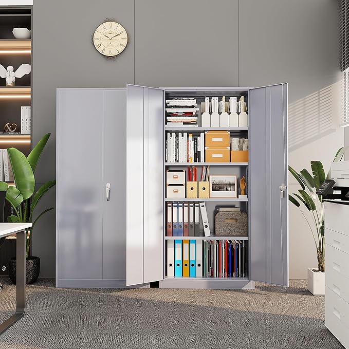 Superday Metal Storage Cabinet with Lock, 72" H Garage Storage Cabinet with Doors and 4 Adjustable Shelves,Grey Steel Locking Cabinets for Office, Home, Garage, Gym, School