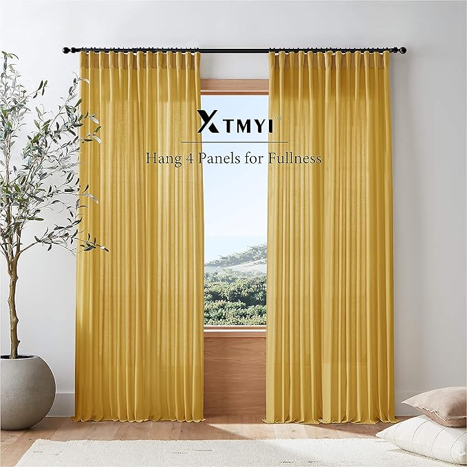 XTMYI Yellow Curtains 96 Inches Long for Living Room,Colorful Bright Mustard Mid Century Modern Decor,Linen Sheer Bohemian MCM Curtains for Bedroom 2 Panel Set,Dark Ocher