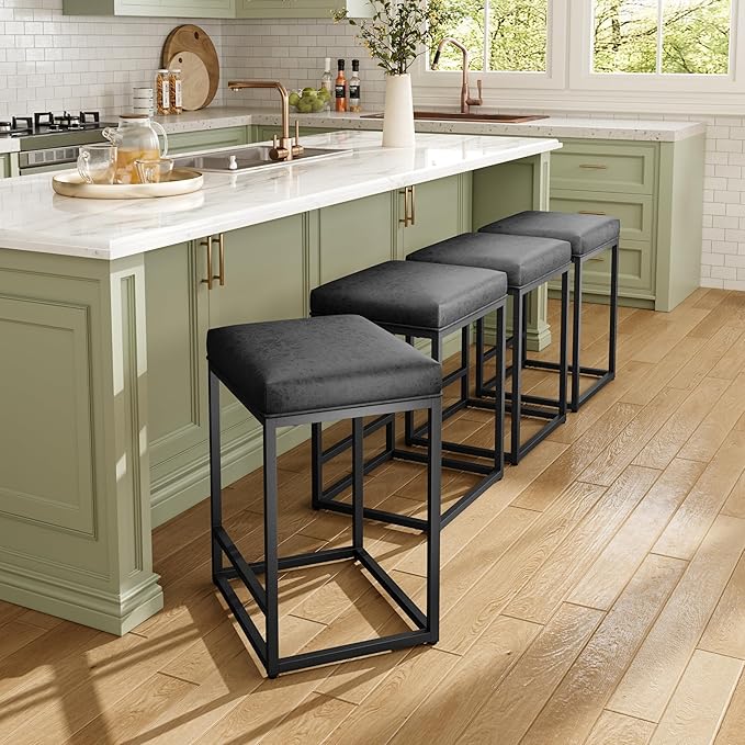 MAISON ARTS Bar Stools Set of 2 | Counter Height Bar Stools for Kitchen Island | Modern Black Barstools with Metal Frame&Faux Leather Upholstery | Farmhouse Backless Bar Stool | 24" Bar Height Stools
