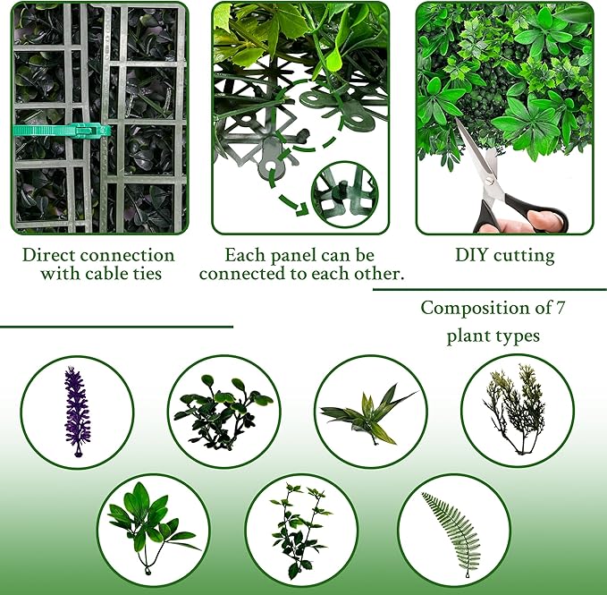Artificial Greenery Wall Panels: 20''x 20'' 4P UV-Anti Faux Greennery Grass Wall Privacy Backdrop Fence Screen for Garden Fence Covering Privacy, Outdoor Indoor Home Decor