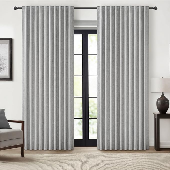 Grey Curtains 60 Inch Length Wide Pleated Blackout Curtain for Sliding Glass Door/Living Room, Farmhouse Linen Thick Boho Bedroom Heavy Insulated Large Window Drapes (60" Wx90 Lx2Panels)