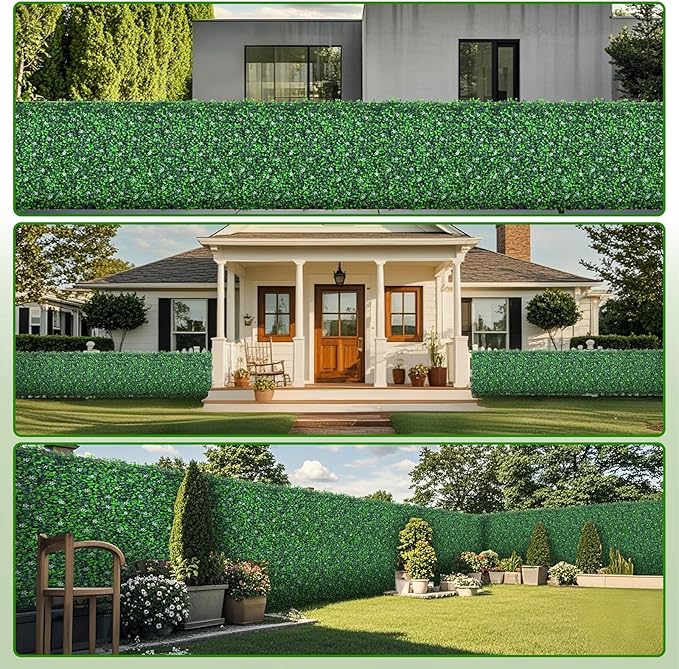 Boxwood Roll Panels with White Flower, 48"x120" (40 sqft) Artificial Ivy Privacy Fence Screen, UV-Anti Faux Boxwood Roll Grass Wall Panels for Garden Patio Balcony Decor