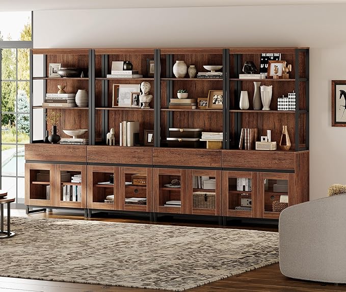 WAMPAT 4 PCS Modern 72" Tall Bookcase with 4 Drawers and Open Book Shelfs, Library Book Shelf with Storage Cabinet and Glass Doors, Wood Freestanding Bookshelves for Home Office, Living Room, Brown