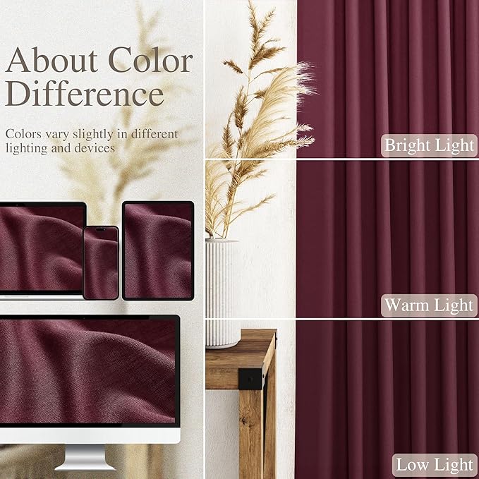 Nanspring Burgundy Curtains 72 Inch Length for Living Room Semi Sheer Light Filtering Door Drapes 2 Panels Set for Kids Bedroom Light Filtering Back Tab Rod Pocket Modern Farmhouse Decor 52x72