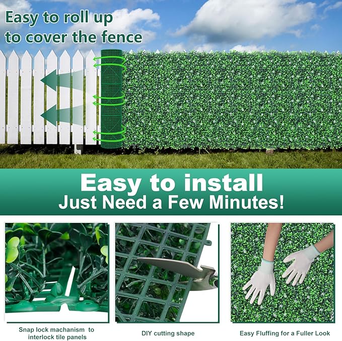 Boxwood Roll Panels with White Flower, 48"x120" (40 sqft) Artificial Ivy Privacy Fence Screen, UV-Anti Faux Boxwood Roll Grass Wall Panels for Garden Patio Balcony Decor