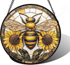 Stained Glass Window Hanging - Bee Sunflower Yellow Suncatcher Ready to Hang Window Doors Home Decoration and Christmas, Mother's Day Birthday Gifts for Women, Men, and Mom 9.8x9.8 in