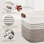 72L Large Laundry Basket with Leather Handles for Living Room Storage, Woven Rope Baskets Bin for Blanket, Kids Toy, Gifts, Wicker Hamper for Bedroom Dirty Clothes, 22"x17"x12" Dark Brown