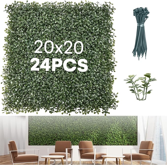 Grass Wall Panels 20″ × 20″ (24 Pack) – UV-Protected Artificial Boxwood Hedge Greenery Backdrop Covers 66 sq ft, Indoor/Outdoor Privacy Fence Screen, Zip Ties & Spare Leaves Included
