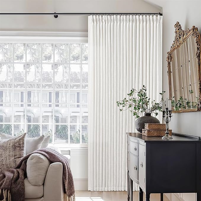 Ivory White Pinch Pleated Extra Wide Linen Curtains 84 Inches Long for Patio Sliding Glass Door 70 Inch Wide Pleated Drapes with Hooks Rings Semi Sheer 70x84 Curtain for Living Room 1 Panel