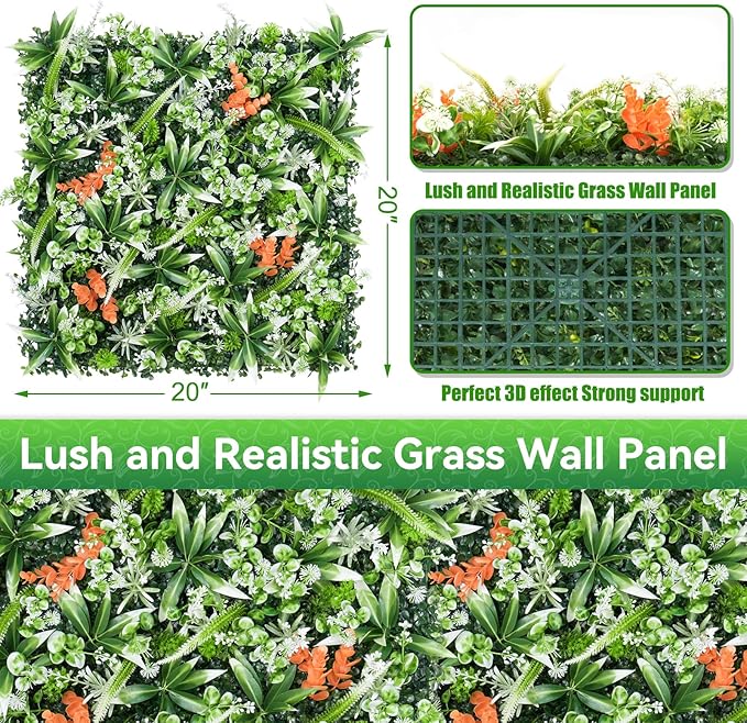 Greenery Wall Panels, 20"x20" 6PCS UV Protected Fake Grass Backdrop Privacy Fence Screen, Artificial Hedges for Outdoors Indoors Green Decor
