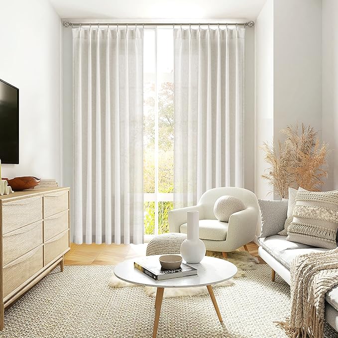 Vision Home Natural Pinch Pleated Semi Sheer Curtains Textured Linen Blended Light Filtering Window Curtains 84 inch for Living Room Bedroom Pinch Pleat Drapes with Hooks 2 Panels 42" Wx84 L