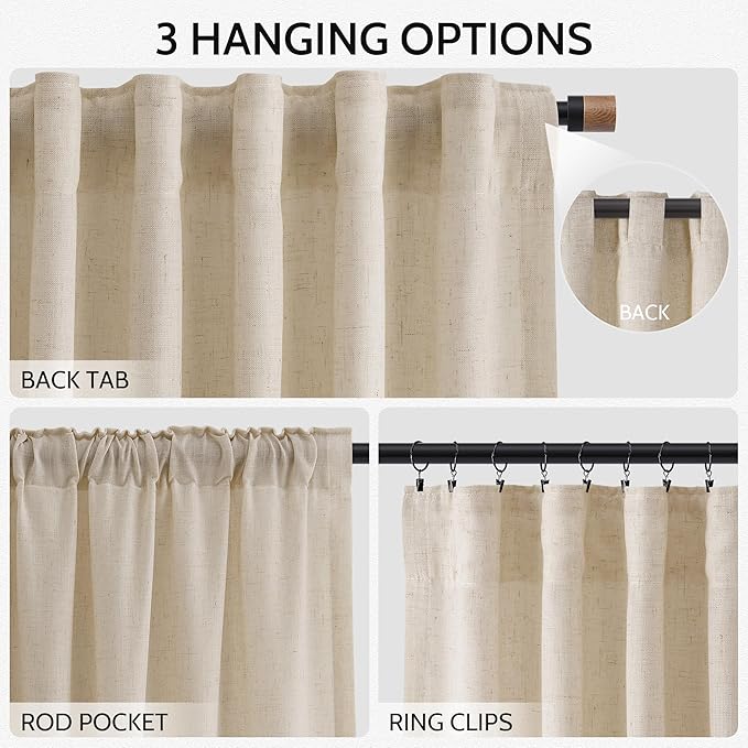 Nanspring Birch Beige Curtains 90 Inches Long for Living Room Linen Light Filtering Semi Sheer Curtain Back Tab Rod Pocket Modern Farmhouse Decor Elegant Coastal Drapes for Bedroom 52x90, 2 Panels