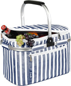 Tirrinia Large Insulated Picnic Basket, 34L Water Resistant & Leakproof Collapsible Portable Cooler Basket Set with Aluminium Handle for Travel, with a Free Foldable Grocery Bag, Strip