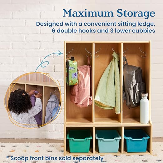 ECR4Kids Streamline 3-Section Toddler Coat Locker with Bench, Kids Furniture, Natural