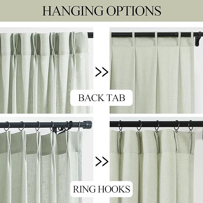 Vision Home Soft Green Pinch Pleated Semi Sheer Curtains Textured Linen Blended Light Filtering Window Curtains 120 inch for Living Room Bedroom Patio Pinch Pleat Drapes with Hooks 10FT 60" Wx120 Lx1