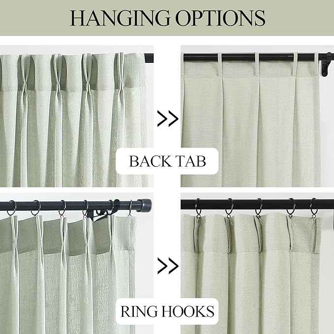 Vision Home Soft Green Pinch Pleated Semi Sheer Curtains Textured Linen Blended Light Filtering Window Curtains 72 inch for Living Room Bedroom Patio Pinch Pleat Drapes with Hooks 1 Panel 60" Wx72 L