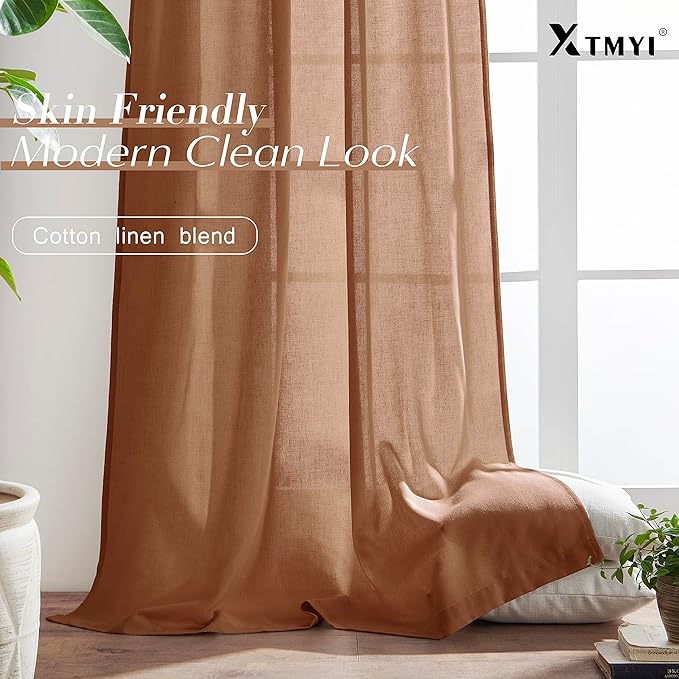 XTMYI Terracotta Vintage Boho Curtains, Rust Colored Linen Sheer Rustic Farmhouse Western Curtains for Bedroom Living Room Home Decor, 84 Inches Long, 2 Panels Set