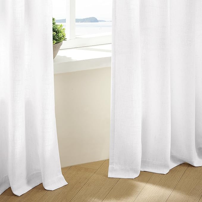 Custom Pinch Pleated 105 Inch Curtains 2 Panels Set for Windows White Linen Blend Curtains Pinch Pleat Back Tab Privacy Light Filtering Boho Drape with Hooks and Rings for Living Room Bedroom