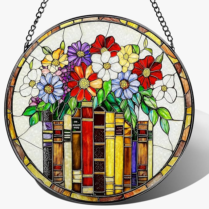 8-Inch Flower Books Stained Glass Ornament, Stained Glass Window Hanging, Window Hanging Decor Suncatcher – Holiday Decor | Gifts for Bookworm, Book Reader, Book Lovers | Holiday Decorators