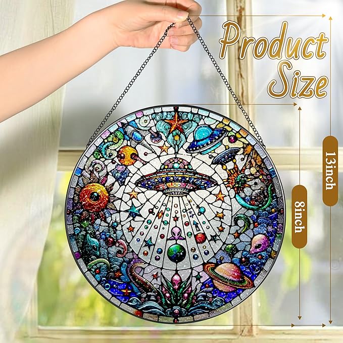 Stained Glass Window Hanging, LAOWEIKI 8'' UFO&Alien Suncatcher, Stained Glass Ornament, Suncatchers for Windows Hanging, Window Decor, Outdoor or Indoor, Gifts for Friends, Art Lover, Astronomer