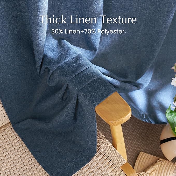 NICETOWN Thick Linen Semi Sheer Navy Blue Curtains for Living Room, Pleat Tape Semi Sheer Privacy Added with Light Filtering Window Treatments for Farmhouse/Bedroom, W52 x L95, 2 Panels