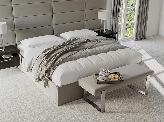 VANT Upholstered Bed Bench - Velvet Peacock Blue- Brushed Nickel - Contemporary Modern, Bedroom Bench Seat, Hallway, or Entryway