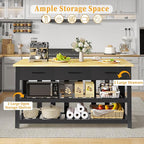 60" Solid Rubberwood Kitchen Island with Power Outlets - Extra Large Work Surface, 3 Drawers & 2 Open Shelves Storage Cabinet for Kitchen Dining Room, Farmhouse Style (Black)
