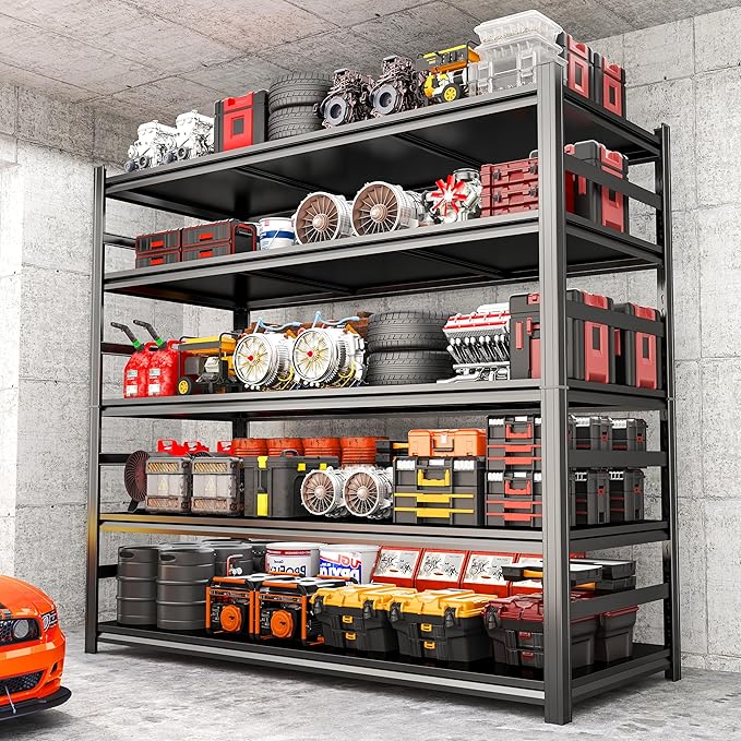 Garage Shelving Units, Heavy Duty 5-Tier Storage Shelves, Metal Adjustable Storage Rack, Steel Shelves, 2750 lbs Capacity, Industrial Shelving for Heavy Tools (Black, 24"Dx47"Wx88"H, 5-tier)