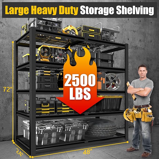 PrimeZone 72" H Heavy Duty Garage Shelving 2500 LBS 5 Tier Storage Shelves Adjustable Industrial Metal Wire Shelf Unit for Garage,Basement,Pantry,Warehouse,Commercial,48" W X 24" D X 72" H 3Pack