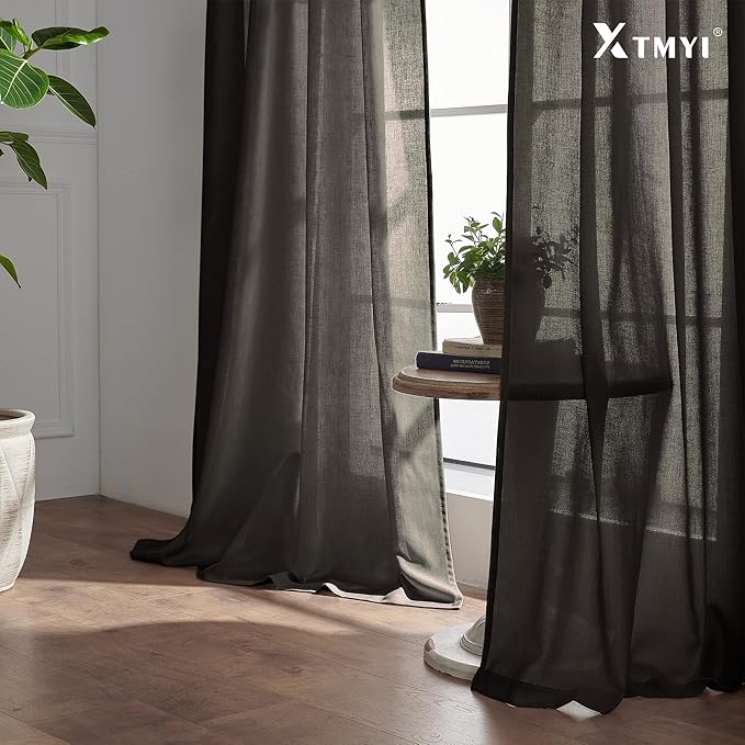 XTMYI Chocolate Brown Curtains 96 Inches Long 2 Panel Set,Sheer Linen Pleated Back Tab Window Drapes Curtains for Living Room 96 Inch Length,Dark Brown