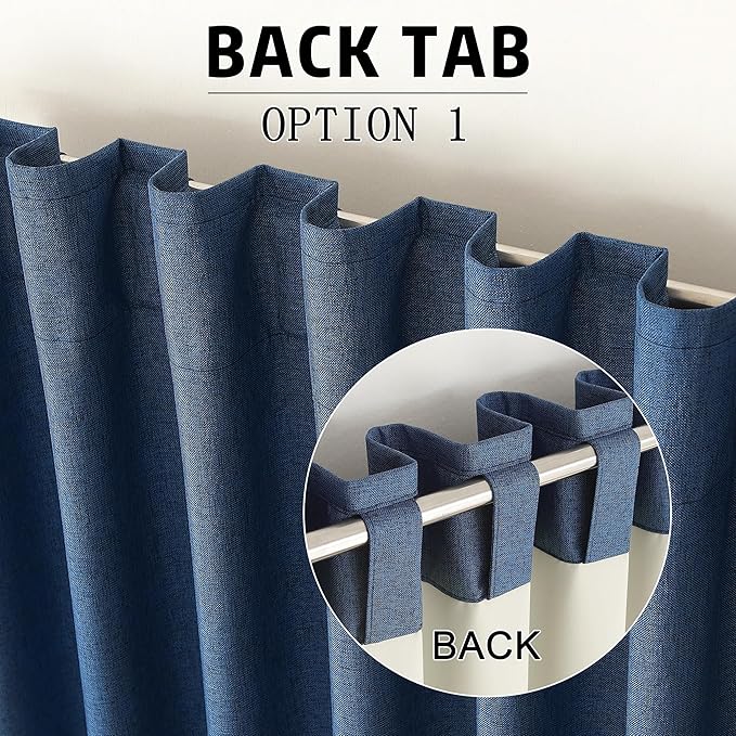DUALIFE Blue Linen Blackout Curtains 132 Inch Length 2 Panels Set for Living Room Bedroom Back Tab Thermal Insulated 100% Black Out Linen Drapes 11 ft Window Curtains 132 Inches Long