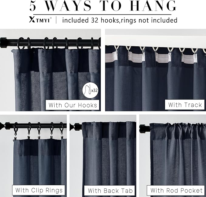 XTMYI Navy Blue Curtains 84 Inch Lengh,Linen Sheer Back Tab Hooks Pleated Light Filtering Dark Blue Kids Curtains for Boys Bedroom Living Room 2 Panel Set,Midnight/Indigo