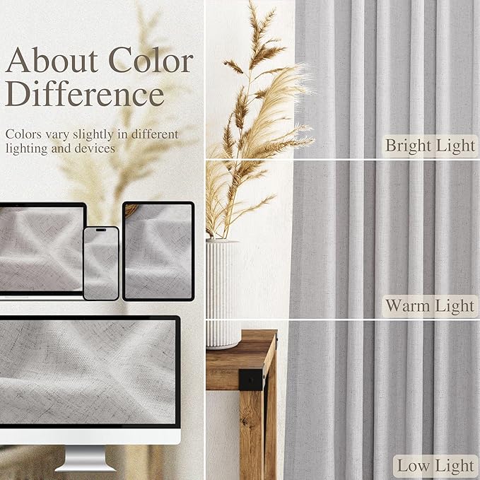 Nanspring Grey Linen Back Tab Curtains 84 Inch Length for Living Room 2 Panel Set Neutral Modern Farmhouse Window Privacy Semi Sheer Linen Drapes Rustic Pinch Pleated Look Curtain 52x84
