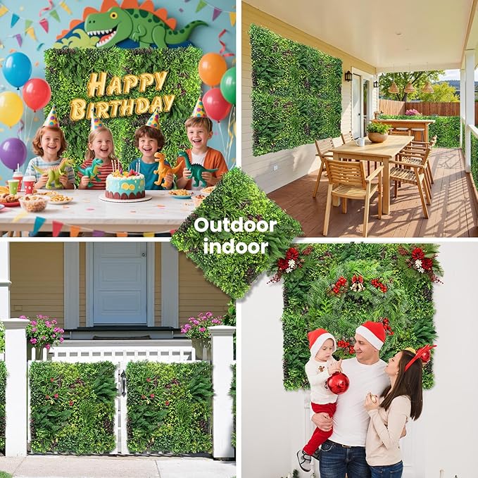 Artificial Grass Wall Panels for Indoor Outdoor, 40"x40" (11.09 Sq.Ft), 3D Boxwood Panels, Greenery Wall Backdrop for Home Living & Wedding Event Decor with DIY 60 PCS Flower,100 PCS Zip Ties