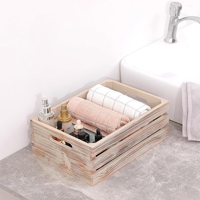 Large Size Wood Crates for Storage, Decorative Vintage Walnut Wooden Boxes for Display, Handmade Solid Wood Set of 3 Rustic Crates (Walnut)