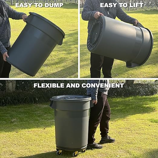 32 Gallon Outdoor Trash Can with Wheels, Rolling Trash Can with Lid & Sturdy Handle, Commercial Round Trash Cans, Outdoor Garbage Can for Kitchen, Garage, Backyard and Patio (32 Gallon, 1 Pack)