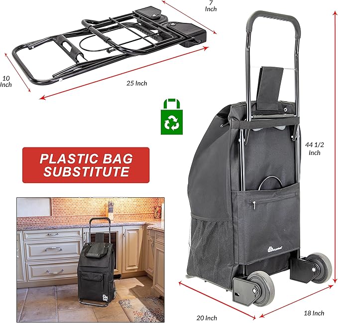 dbest Products Trolley Dolly Compact with Pockets – Foldable Grocery Cart on Wheels – Multi Use Rolling Cart with Removable Bag, Storage Pockets, and Hand Truck Dolly Function, Black