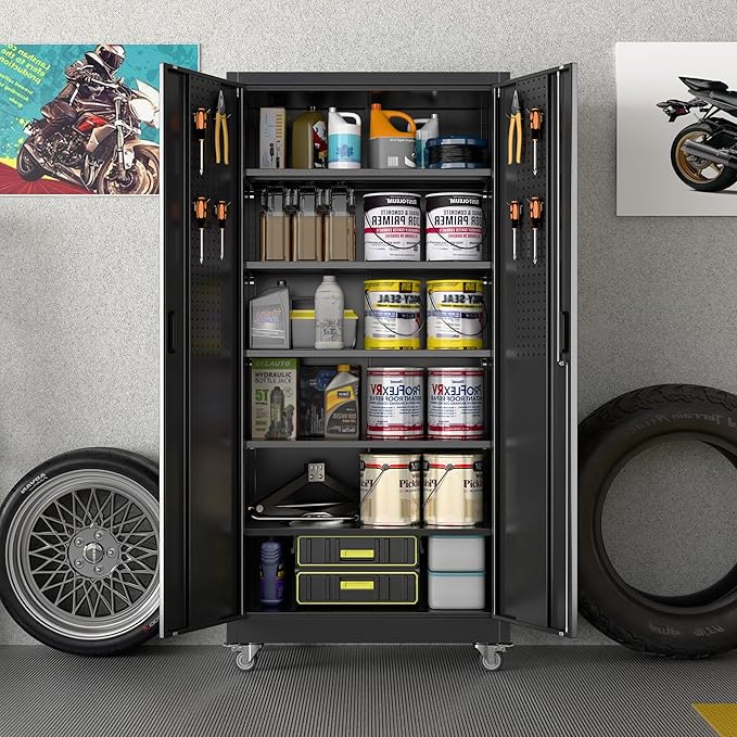 Garage Storage Cabinet with Wheels & Pegboard, Lockable Metal Storage Cabinet with Doors and 5 Adjustable Shelves for Garage Workshop Home, Assembly Required, Black, 71" H×34" W×18" D