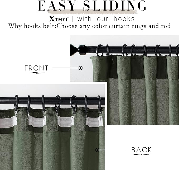 XTMYI Back Tab/Hook Belt Linen Cotton Sheer Curtains for Bedroom Living Room,70 Inch Wide,90 Inch Length 2 Panels,Olive Green