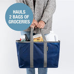 CleverMade EcoBasket Reusable Grocery Tote - 30L - Pack of 3 - Blue Grey - Collapsible Storage Shopping Organizer - Heavy Duty Utility Bag Home