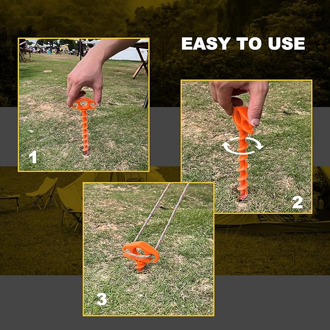 Tent Stakes Ground Anchors Screw in, 16 Pack Sand Stakes for Beach 9.4 Inch Heavy Duty Spiral Tent Pegs for Camping, Party, Hiking, Outdoor Decoration (16, Orange)