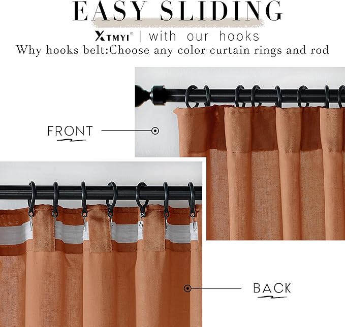 XTMYI Fall Curtains for Living Room,Back Tab Hooks Pleated Linen Sheer Burnt Orange Curtains 96 Inches Long for Bedroom Set 2 Panels