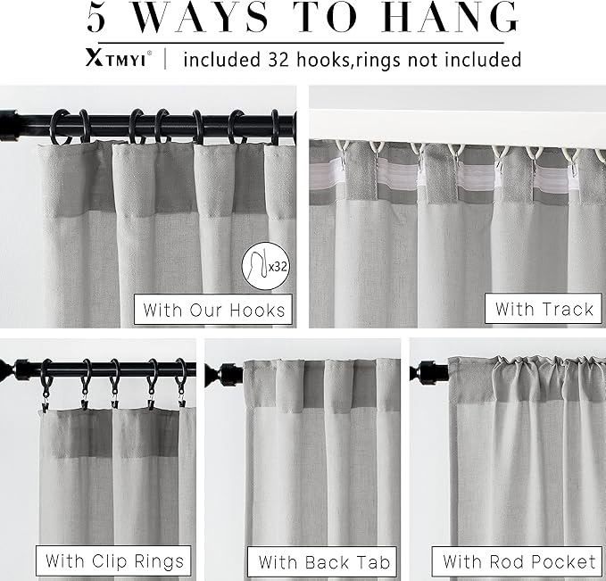 XTMYI Grey Curtains 108 Inches Long for Living Room 2 Panels Linen Back Tab Hooks Pleated Light Filtering Gray Sheer Curtains for Bedroom 108 Inch Length